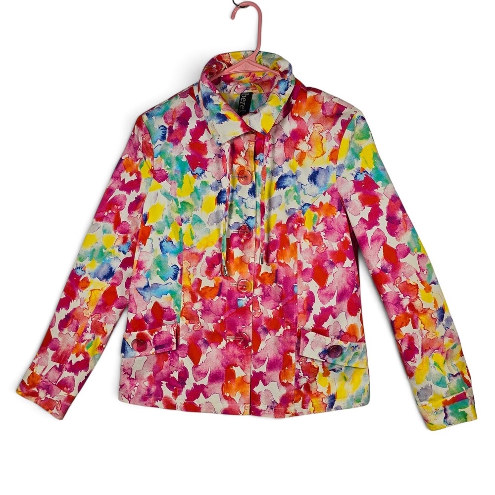Berek Jacket Women MED Watercolor Floral Multicolor Button Down Drawstring Arts